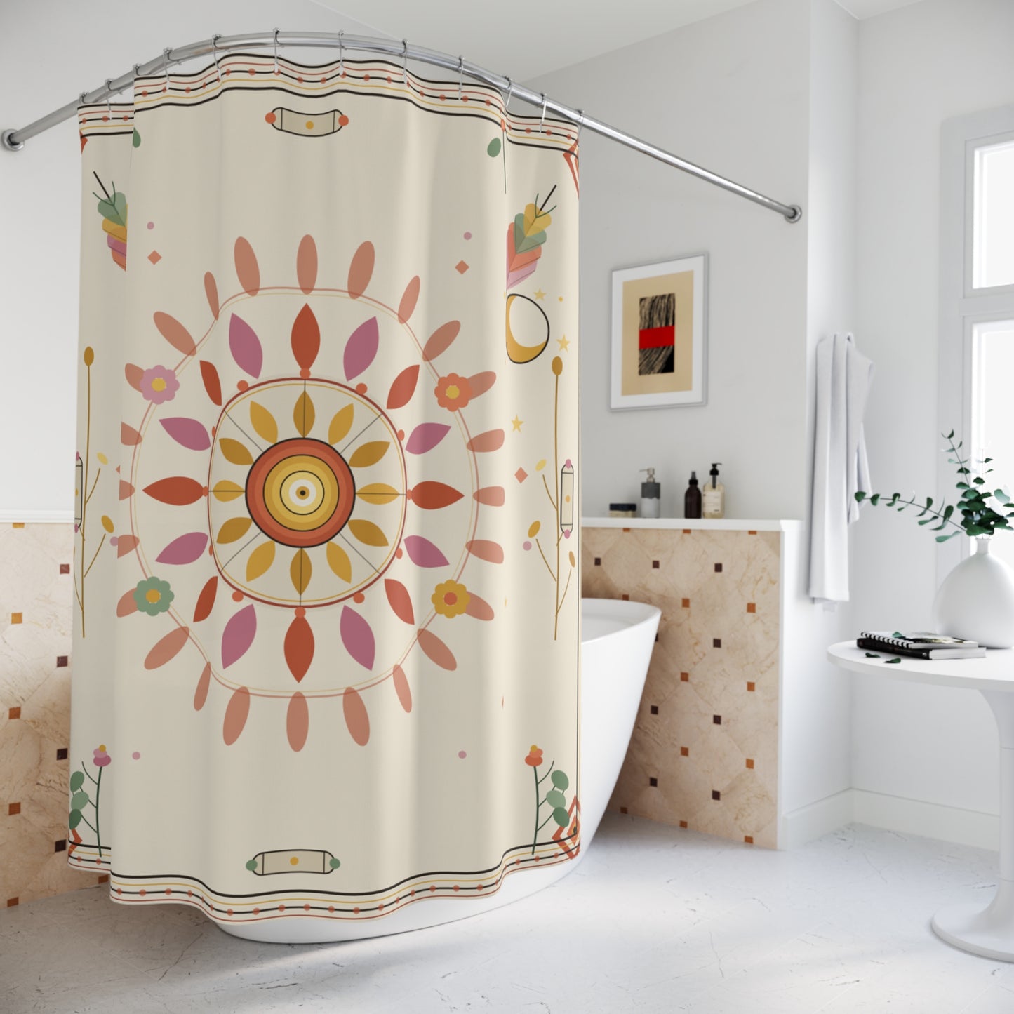 Boho Floral Mandala Shower Curtain | Neutral Pink Yellow Sunburst