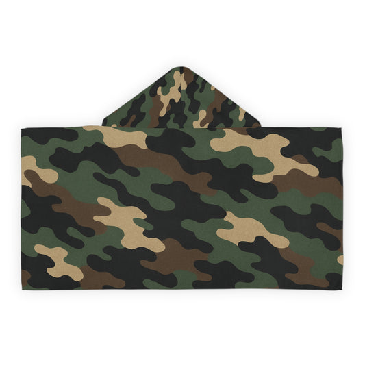 Kids camo hooded towel with all-over print featuring fun camo design, ideal for bath, beach, or pool activities.