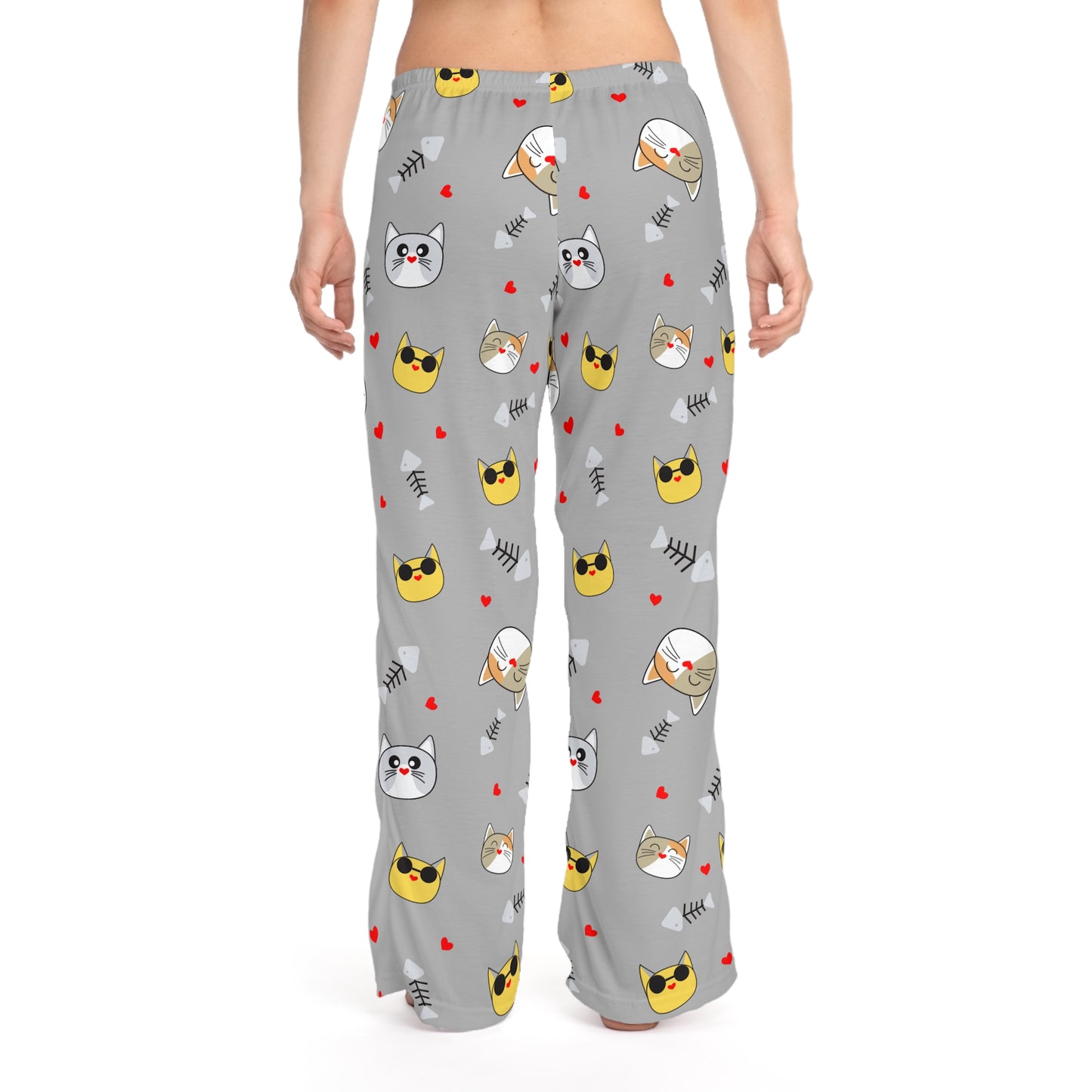 Cute grey women's pajama pants with all-over cat face print, comfortable sleep lounge pants by Printify
