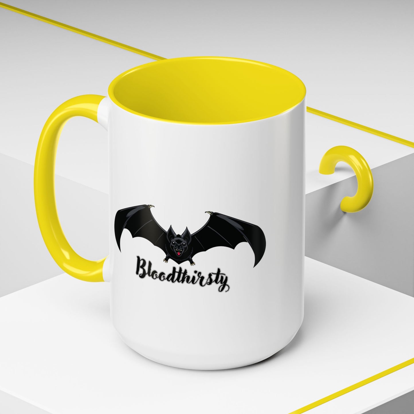 Black ceramic mug featuring a bloodthirsty bat gothic vampire design, perfect for Halloween or vampire gift fans.
