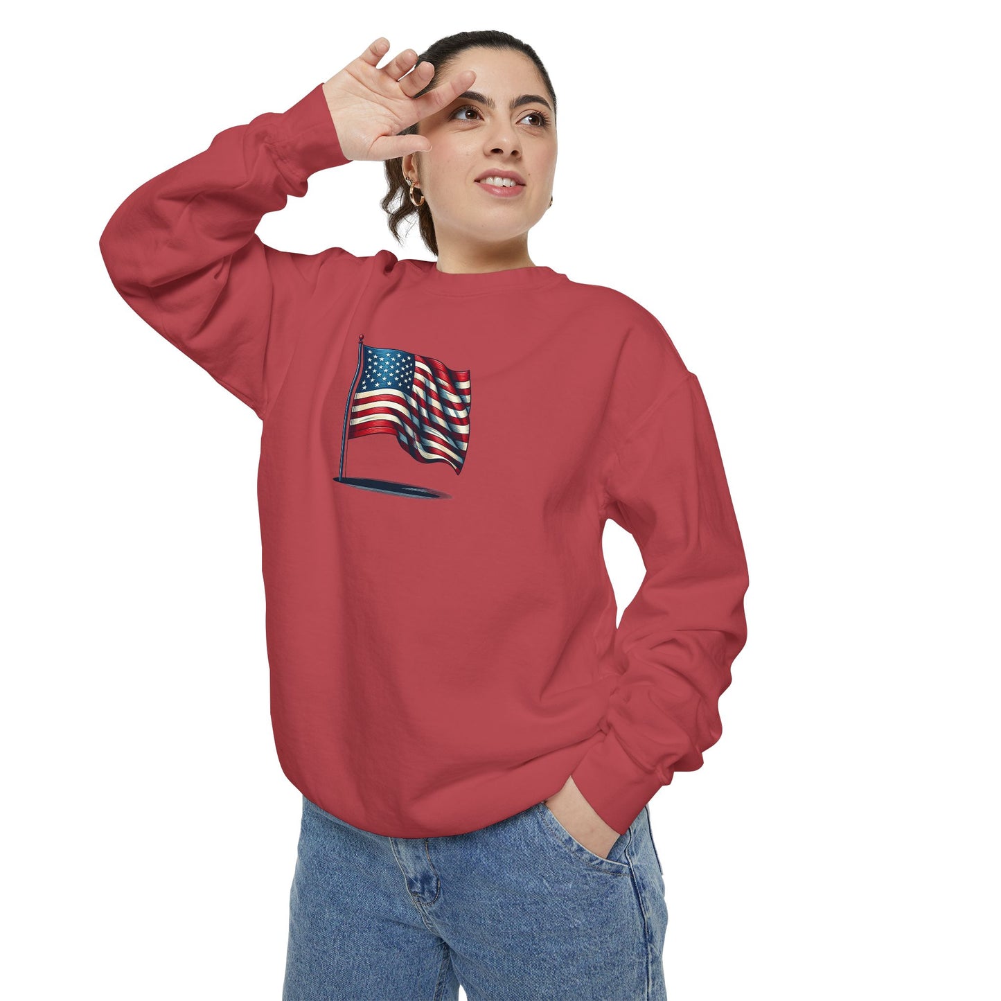 Patriotic Unisex Garment-Dyed Sweatshirt with Vintage American Flag, Cozy Fall Outfit, Statement Sweater, Gift for Veterans, Casual Fashion - TRV