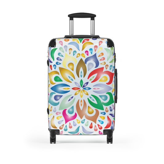 Colorful mandala design on vibrant floral carry-on suitcase, lightweight travel luggage by Printify with sturdy handles and wheels.