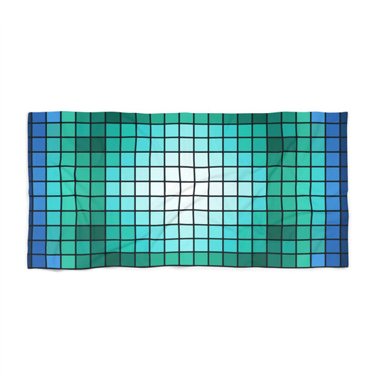 Turquoise mosaic grid beach towel with blue and green checkered pattern, made by Printify, perfect for swimming and lounging.