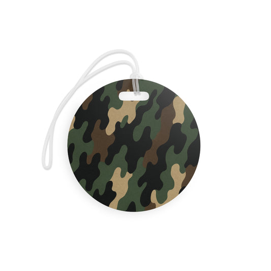 Green woodland camo pattern luggage tag from Printify, durable travel ID accessory with clear identification window.
