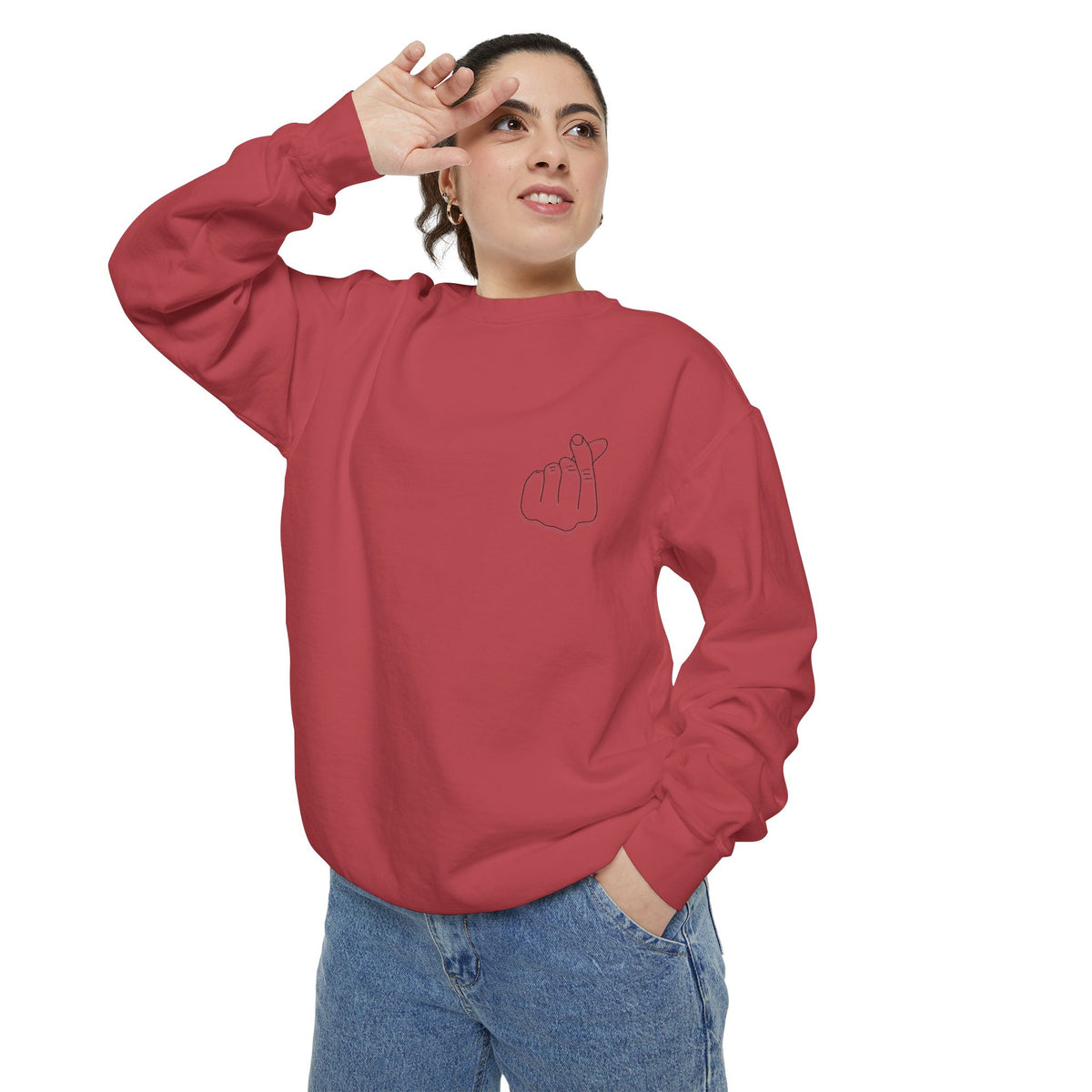Minimalist peace hand line art sweatshirt by Printify, small chest crewneck design in a cozy, casual style.