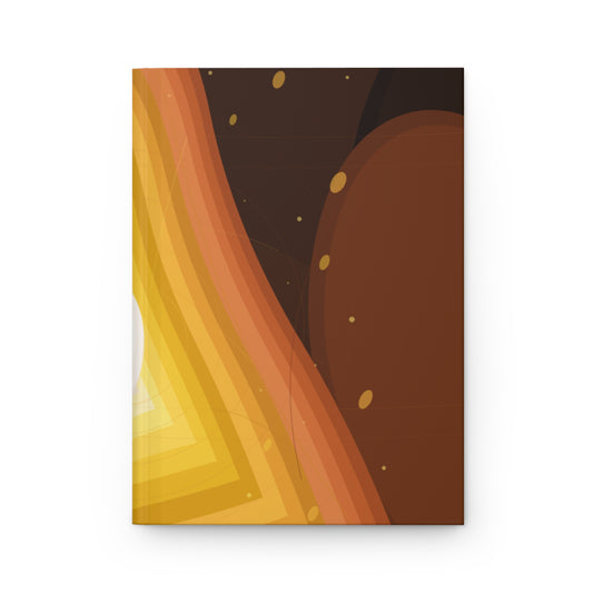 Abstract sunset waves hardcover journal with geometric retro layers, featuring vibrant sunset and ocean wave design on the cover.