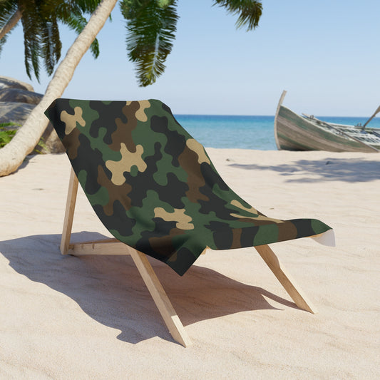 Green military camouflage beach towel featuring a classic camo print, ideal for travel, pool, or beach use.