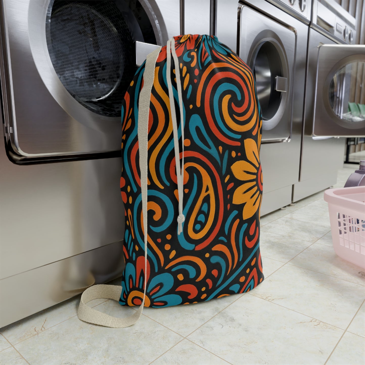 Retro Floral Swirl Laundry Bag | Boho Flower Drawstring Bag - TRV