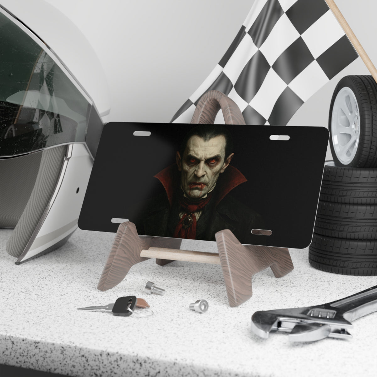 Gothic vampire portrait vanity license plate with dark, horror-themed design, perfect for accessories or vehicle decoration.