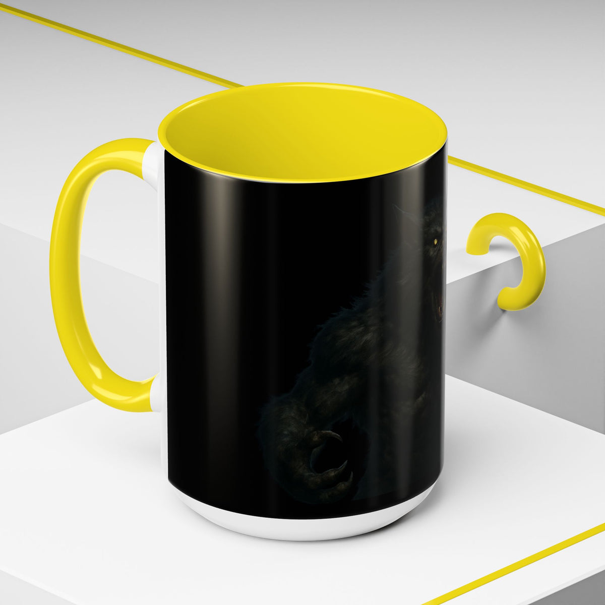 Dark horror werewolf coffee mug with a howling wolf design, featuring a spooky, horror-themed accent mug by Printify.