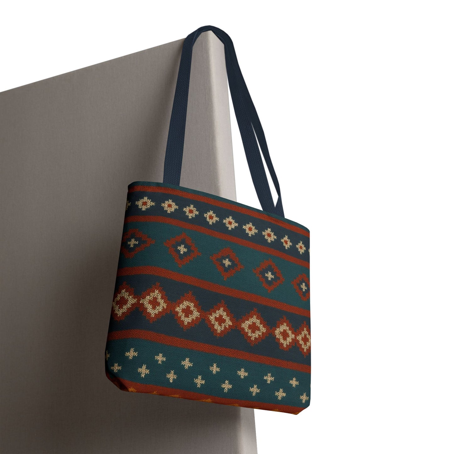 Southwestern diamond pattern tote bag with Aztec tribal geometric print by Printify, showing sturdy fabric and vibrant tribal design.
