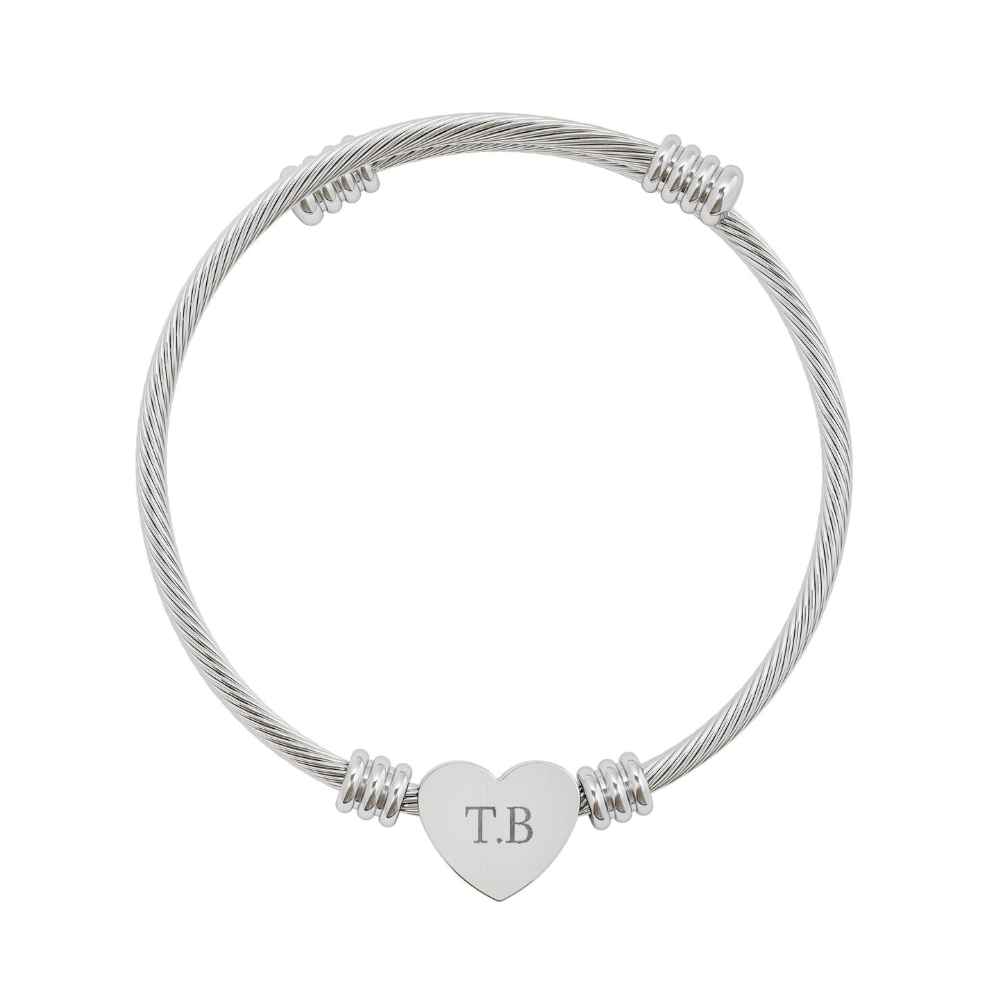 Silver or gold engravable heart cuff bracelet with personalized initials, stylish cable bangle accessory.