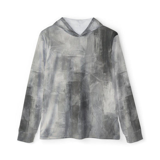 Men's gray all-over print warmup hoodie by Printify, athletic pullover for gym and casual wear.