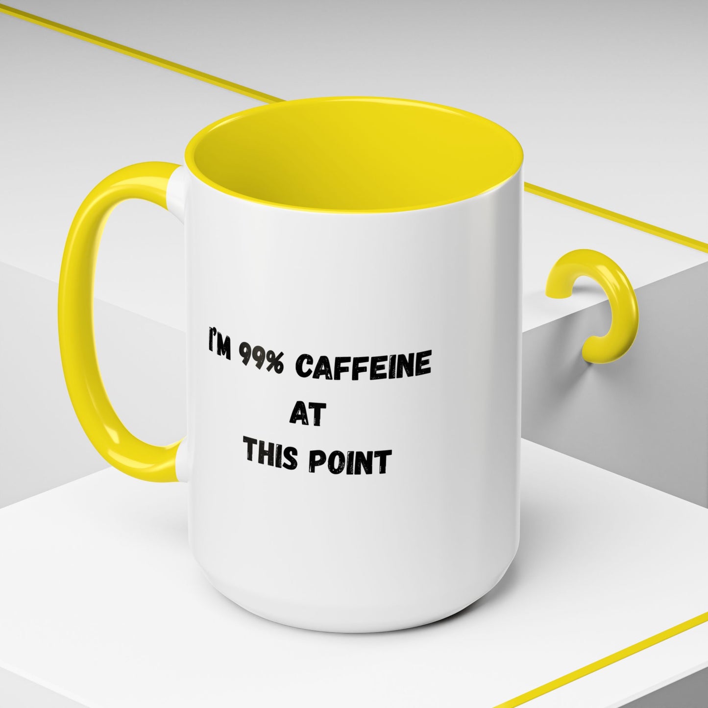 Funny ceramic coffee mug with "I'm 99% caffeine" slogan, 11oz capacity, perfect for coffee lovers and novelty gift enthusiasts.