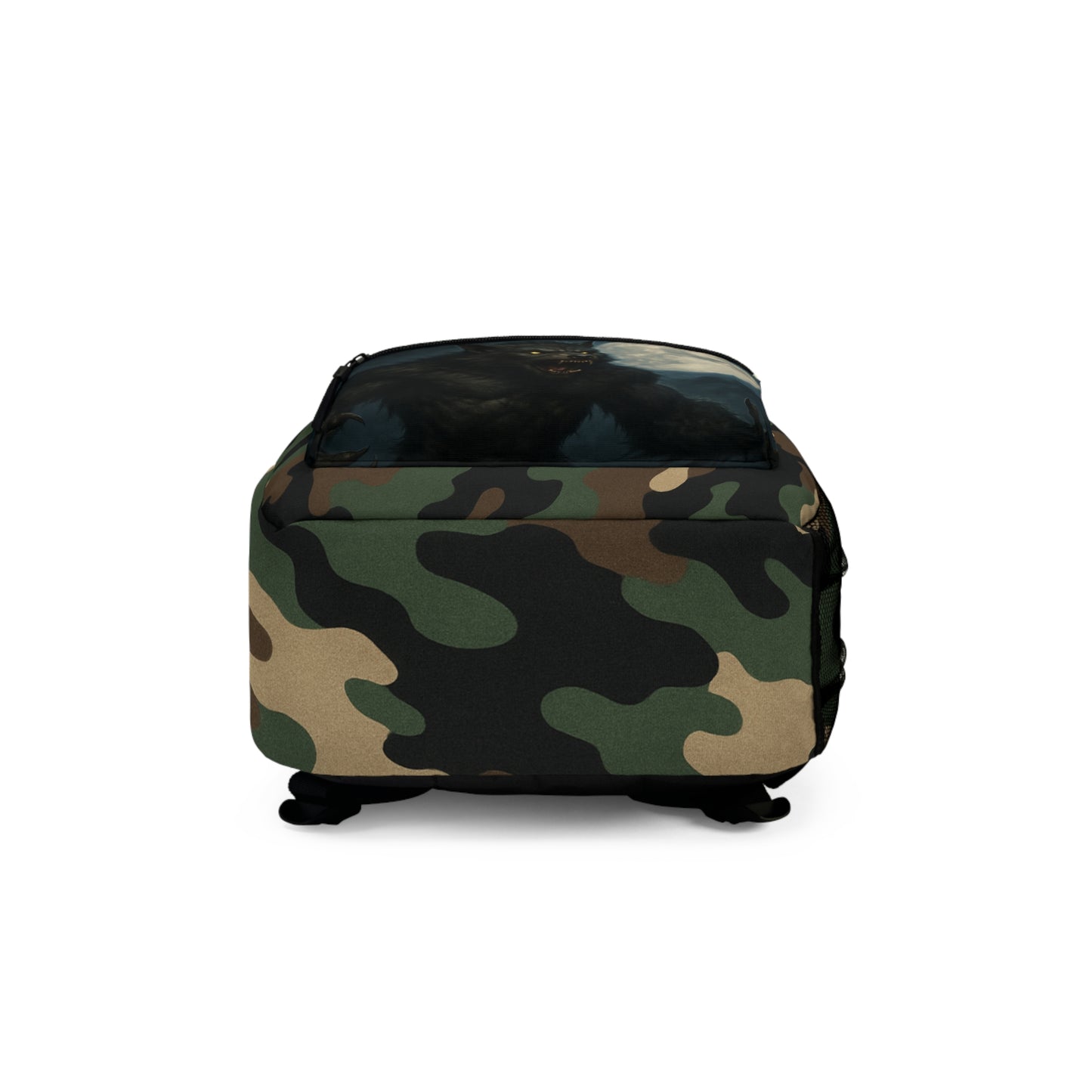 Werewolf camo backpack by Printify featuring rugged design, suitable for school, hiking, and travel with multiple compartments.