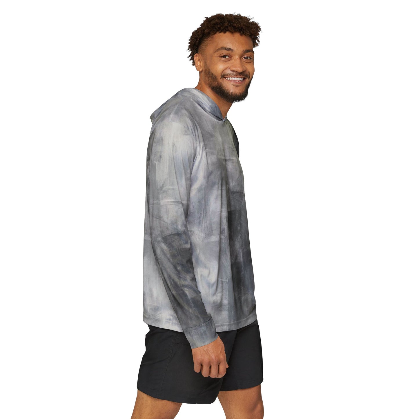 Men's gray athletic warmup hoodie with all-over print design, ideal for gym workouts and casual wear.