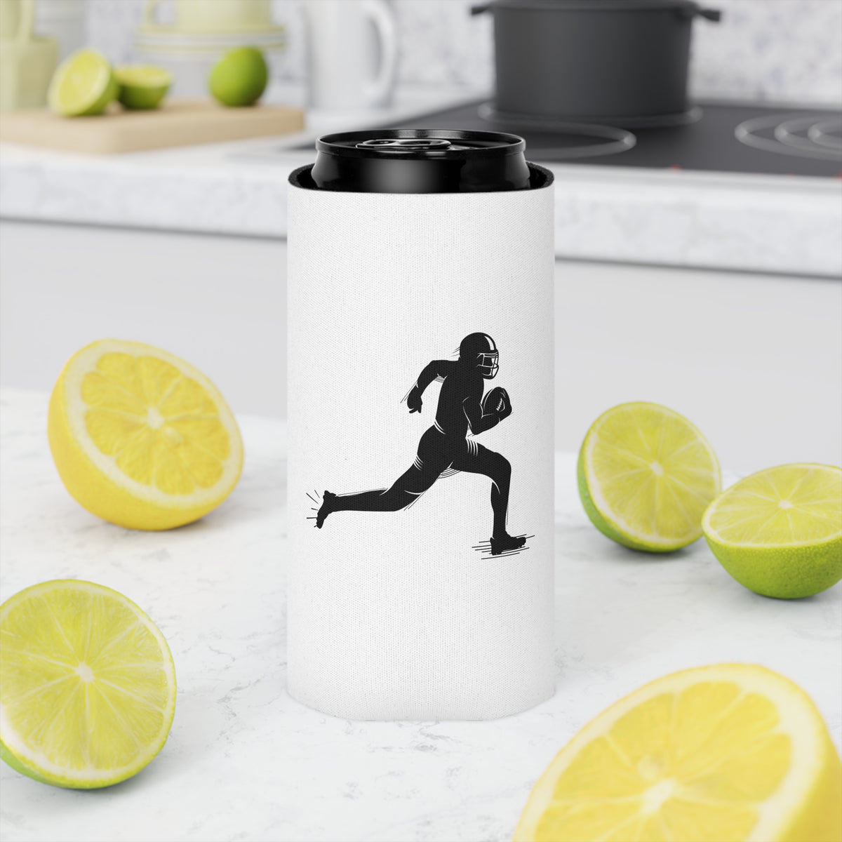 Football player can cooler with a running ball carrier design, made by Printify, ideal as a beverage koozie accessory.