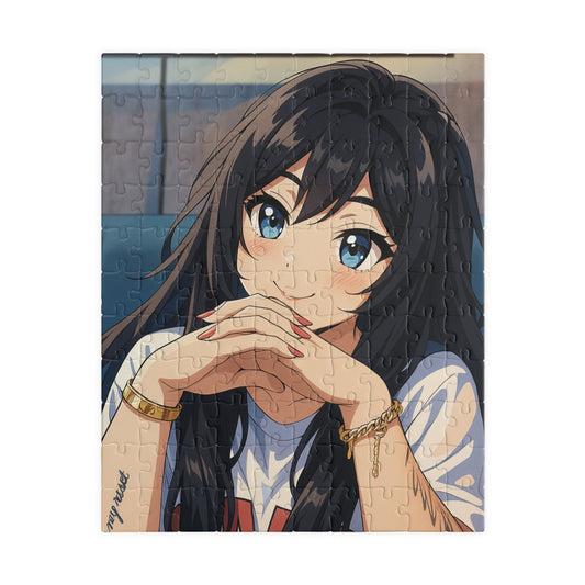 Colorful anime girl portrait puzzle featuring a detailed 520-piece jigsaw puzzle by Printify, with vibrant anime art and intricate design.