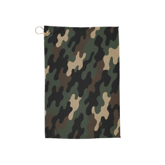 Camo and classic golf towels by Printify featuring camouflage and traditional patterns, perfect for golfers.