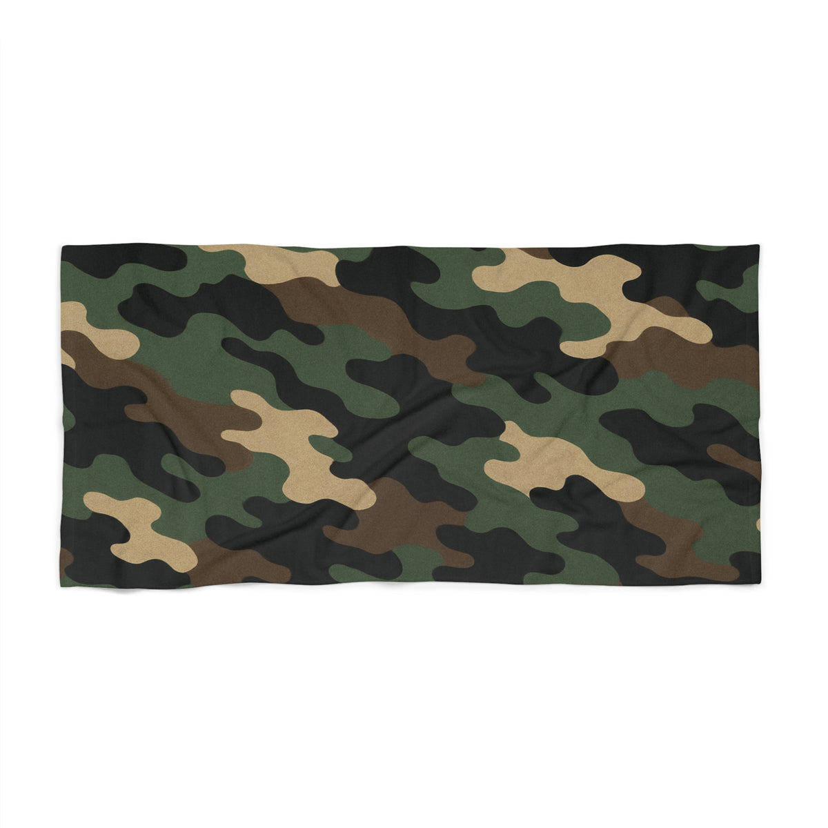 Green military camouflage print beach towel from Printify, featuring a durable travel and pool towel design with camo pattern.