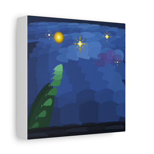 Blue floral night sky canvas print featuring a starry night garden design on a matte canvas by Printify.