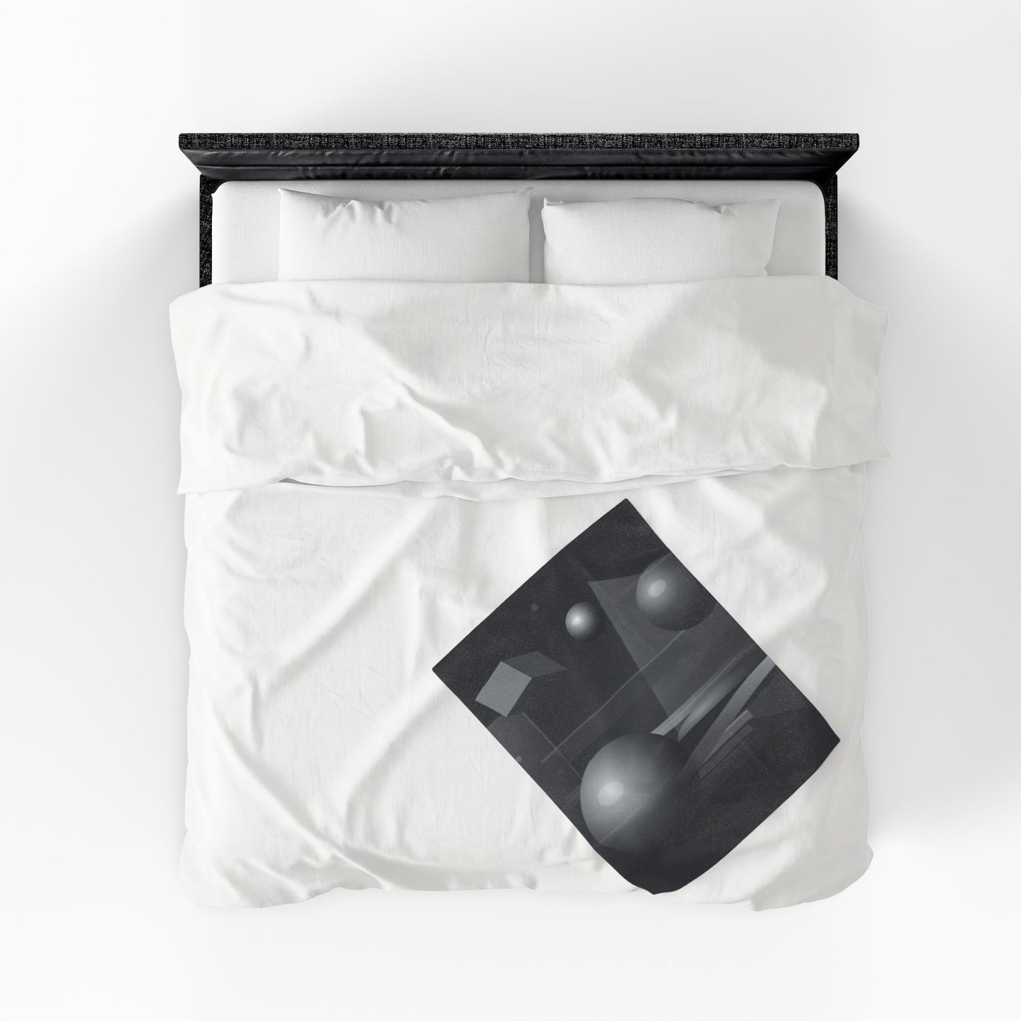Velveteen plush blanket with 3D geometric spheres and abstract cube and sphere design in vibrant colors.