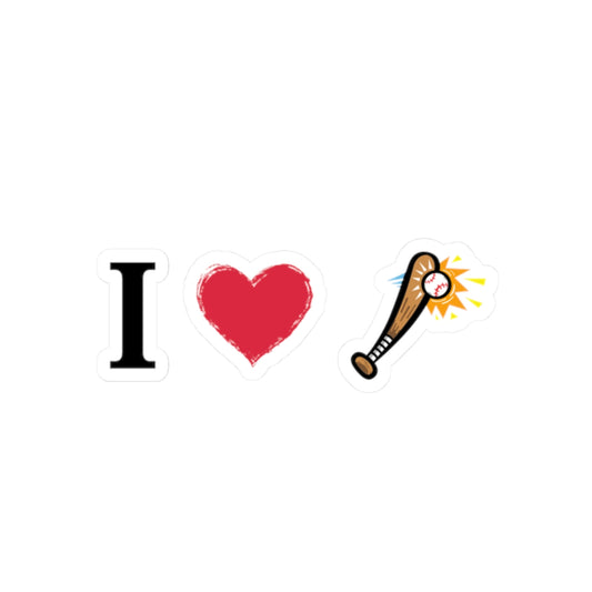 Kiss-cut I Heart Baseball Bat sticker on paper, featuring baseball love design perfect for sports fans and craft projects.