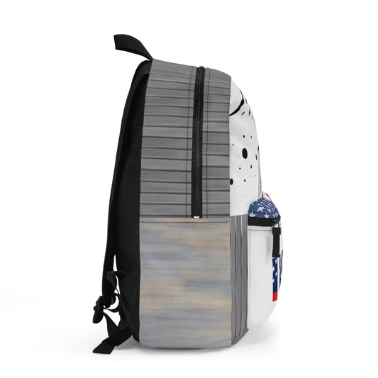 USA flag backpack by Printify featuring a patriotic design, ideal for school, travel, and space fans, with adjustable straps and spacious interior.