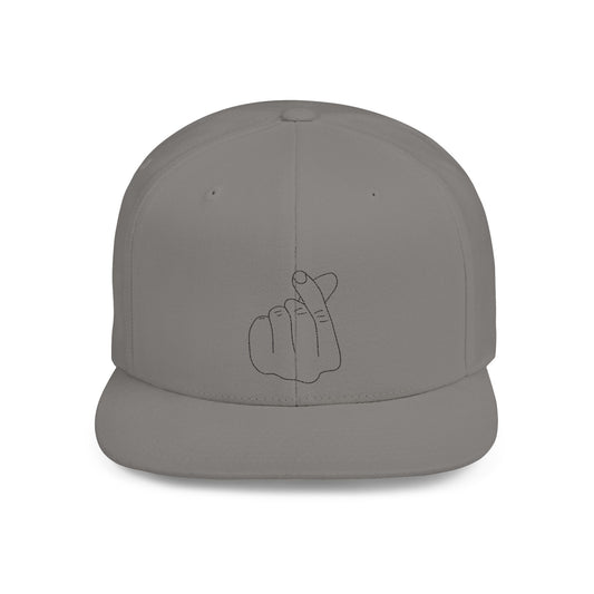 Minimalist hand gesture flat bill snapback hat by Printify, featuring a simple design on the front panel.
