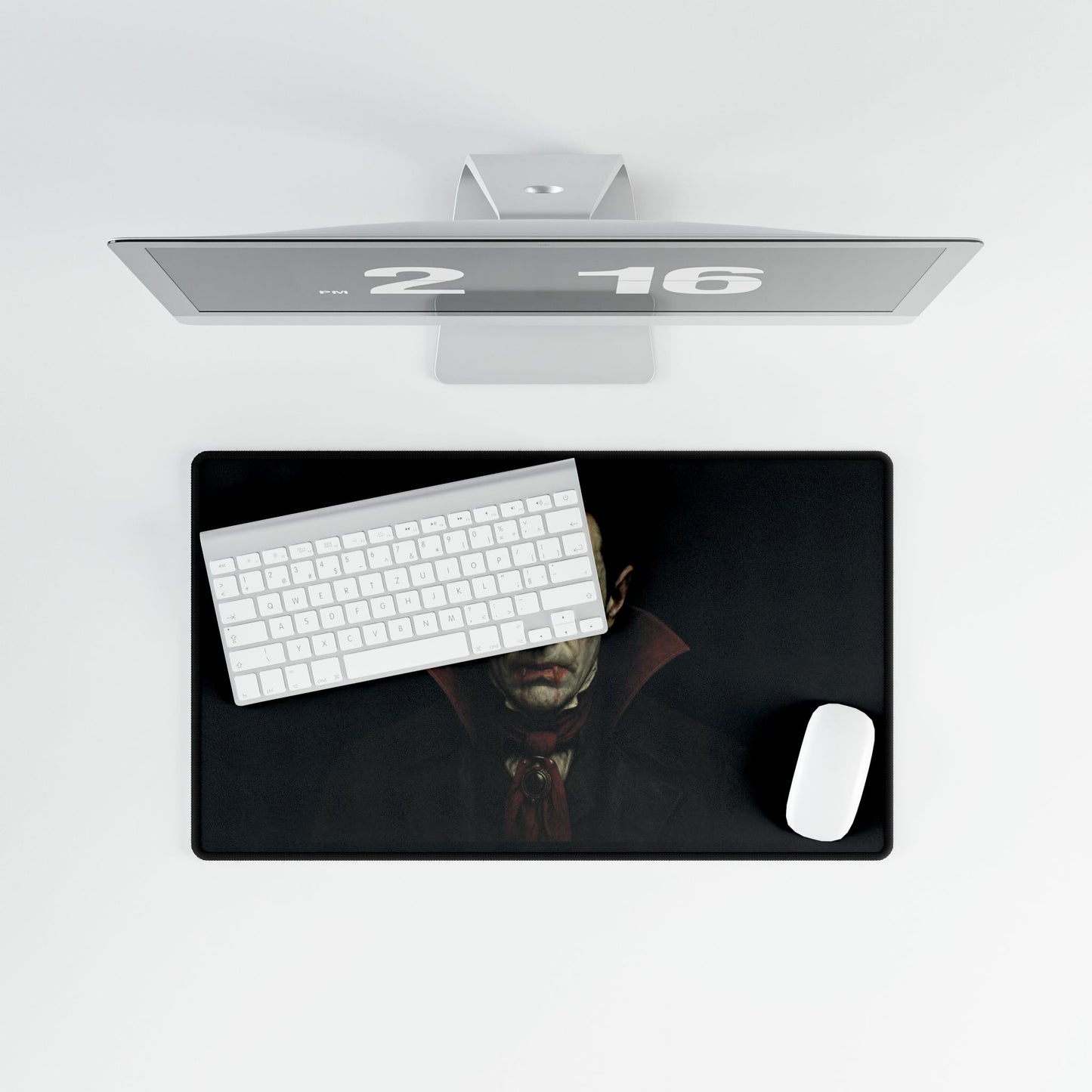 Gothic vampire portrait desk mat featuring Dracula design, ideal for Halloween and gaming, by Printify.