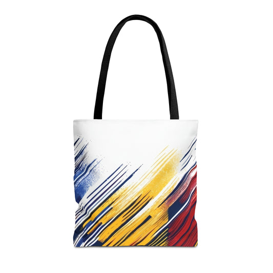 Abstract brushstroke tote bag featuring bold red, yellow, and blue all-over print by Printify, shown with handles and vibrant design.