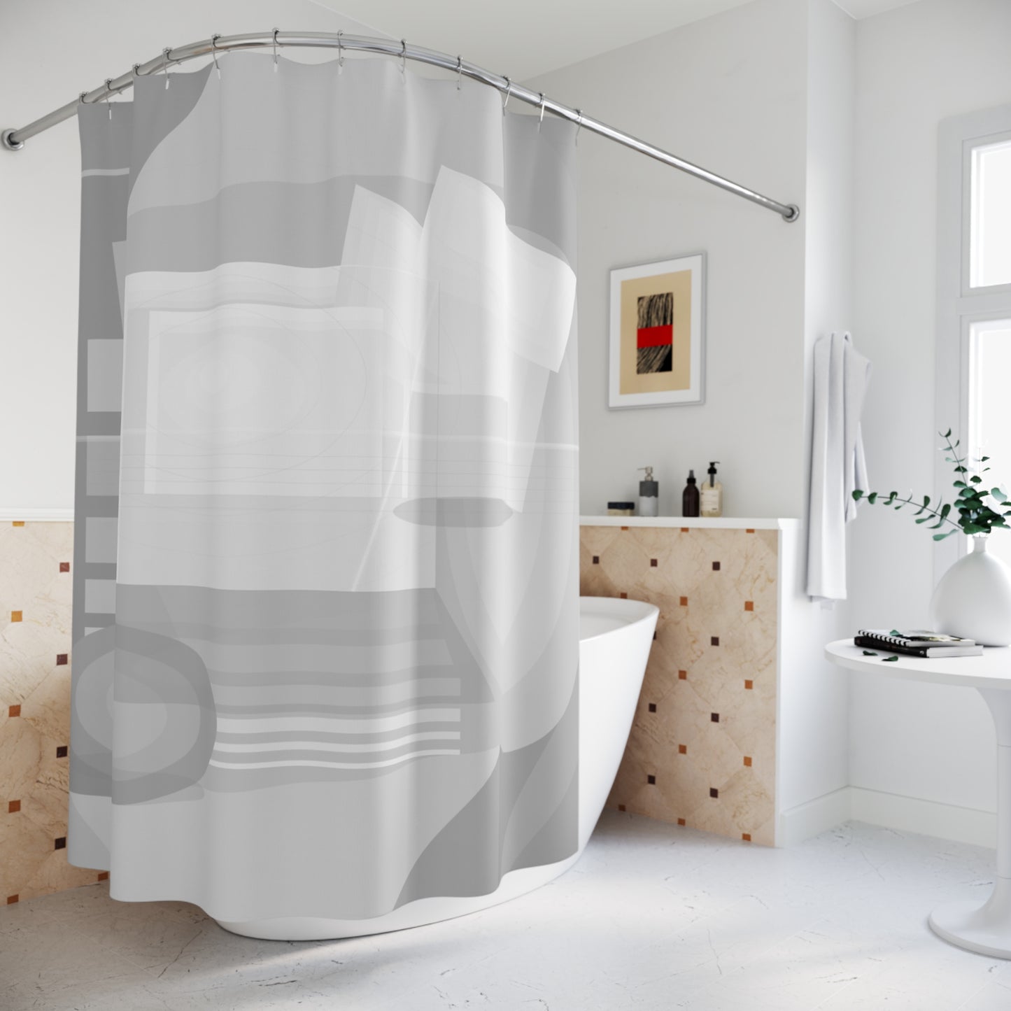 Gray abstract geometric pattern shower curtain by Printify, featuring modern minimalist bathroom decor design.