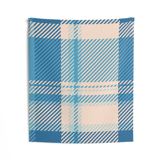 Blue plaid wall tapestry with cozy denim check pattern, perfect for indoor decor, from Printify.