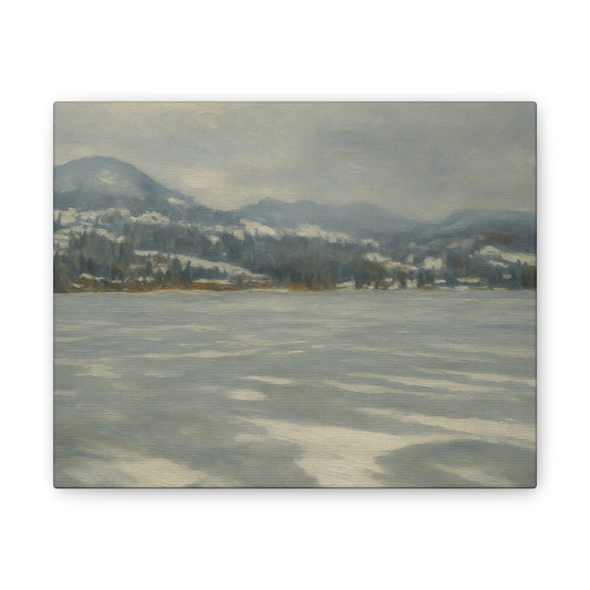 Winter lake landscape canvas print by Printify, featuring a serene snowy mountain scene on a durable wall art canvas.