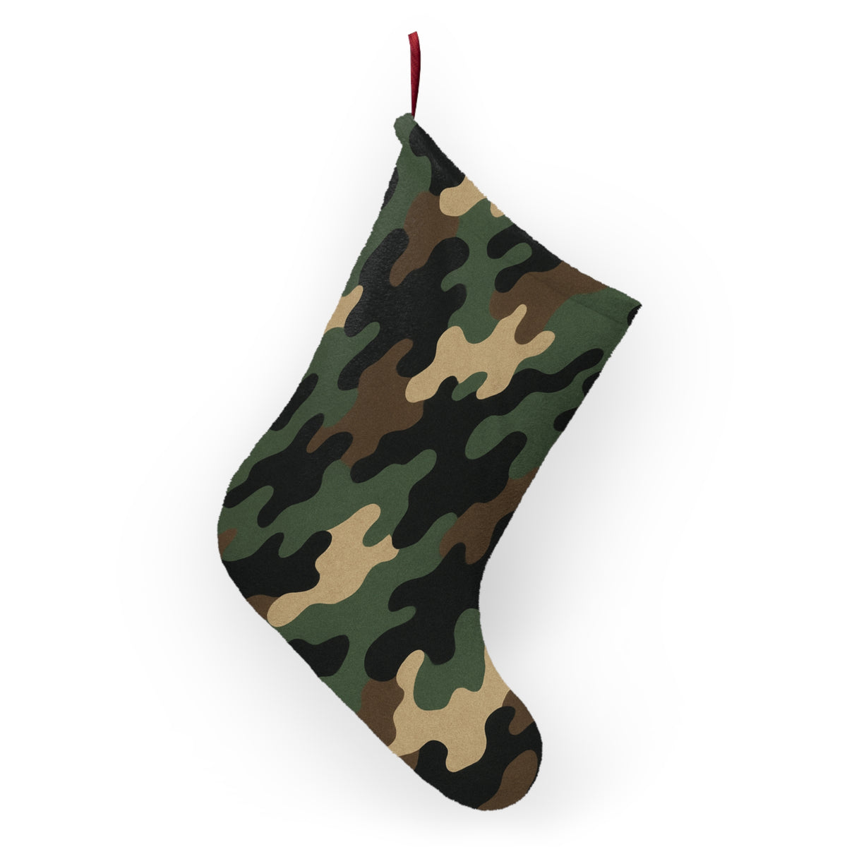 Green camouflage Christmas stocking ornament by Printify, featuring a festive holiday design with camo pattern for Christmas decor.