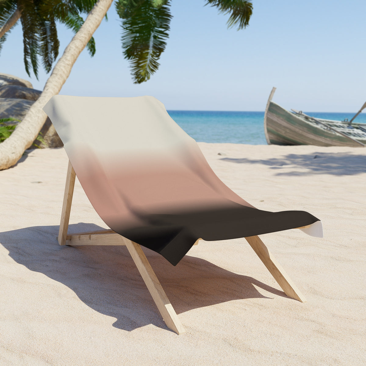 Neutral ombre stripe beach towel by Printify featuring a gradient from sandy beige to rich chocolate brown.