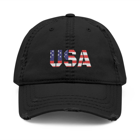 Distressed USA flag embroidered dad hat featuring patriotic design and adjustable strap, made by Printify.