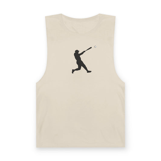 Black baseball batter silhouette tank top from Printify, minimal sports muscle tee with athletic design and sleeveless fit.