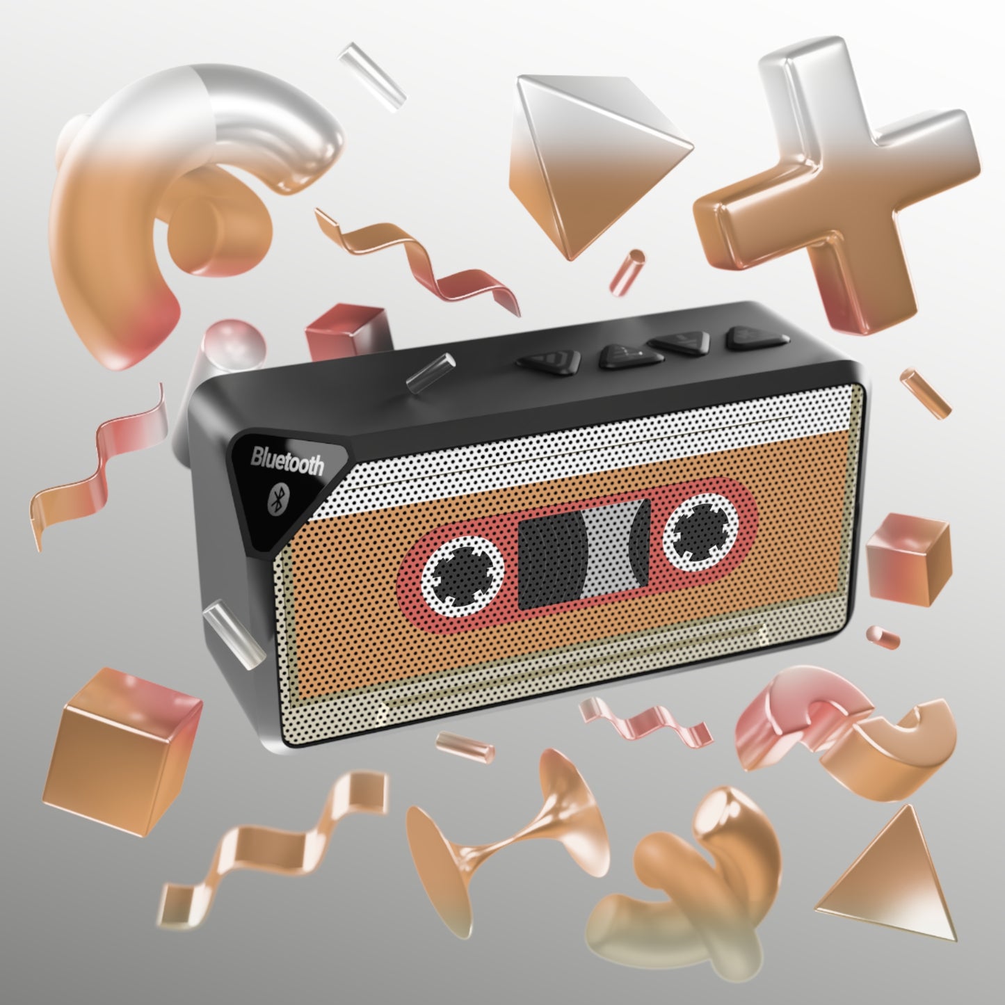 Retro cassette Bluetooth speaker by Printify, portable wireless audio device with vintage tape graphic design.