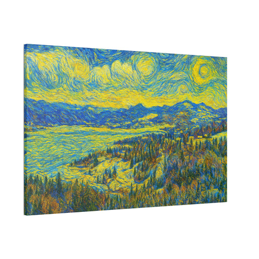 Starry Mountain Lake canvas print in Van Gogh style landscape wall art, featuring vibrant colors and textured brushstrokes.