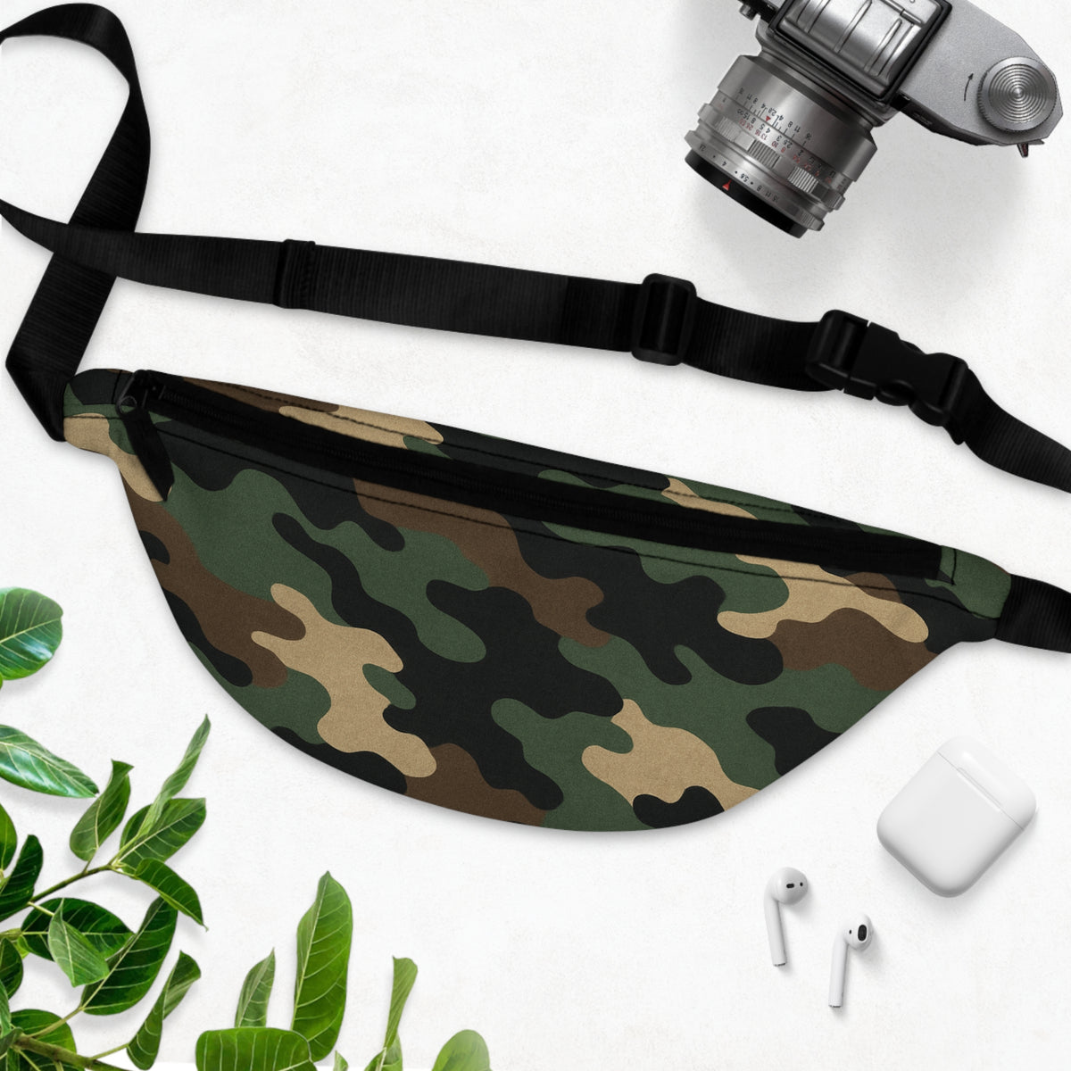Printify woodland camouflage fanny pack with adjustable waist strap, durable bag for outdoor or casual use.