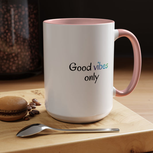 Printify Good Vibes Only ceramic coffee mug with positive morning inspirational quote and colorful design.