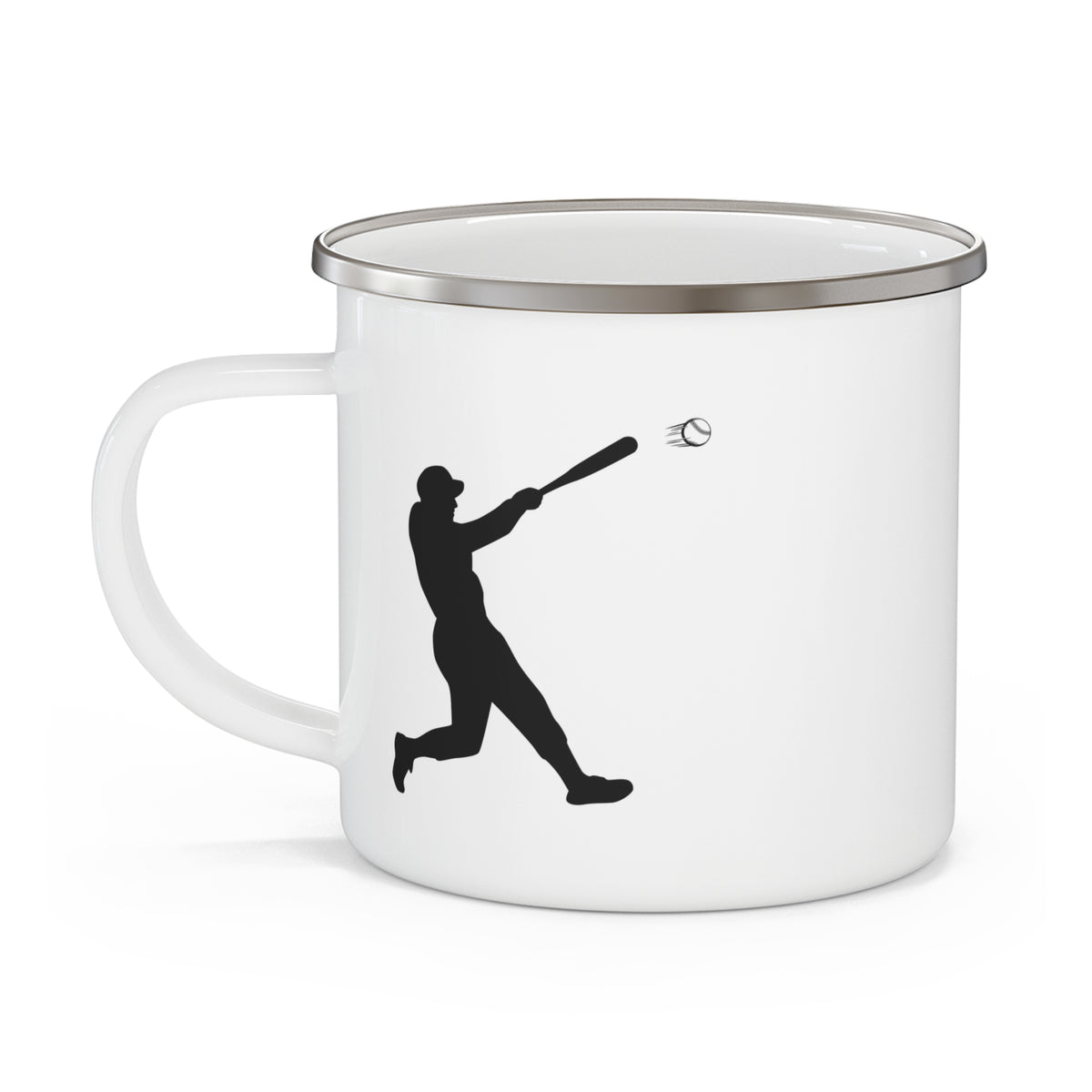 Baseball player enamel camping mug with sports design, ideal for outdoor enthusiasts and sports lovers.