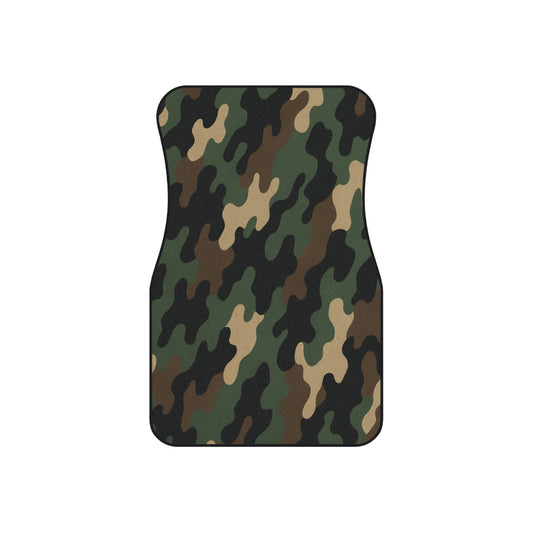 Set of four green woodland camo car floor mats by Printify, durable accessories with a woodland pattern for vehicle interior protection.