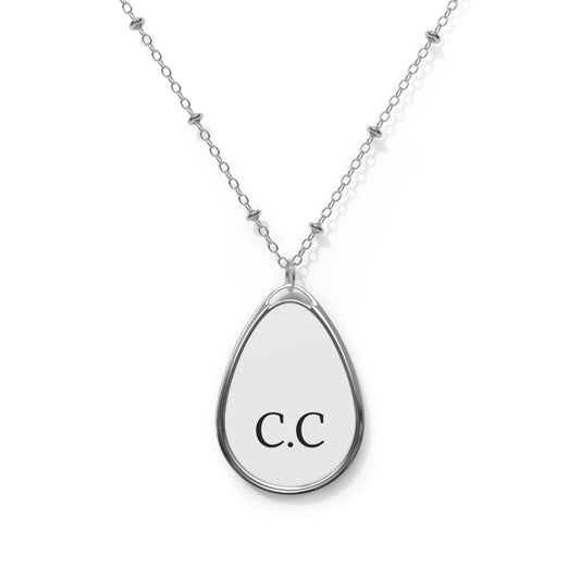 Personalized oval teardrop necklace with initial monogram pendant, silver-tone jewelry accessory by Printify