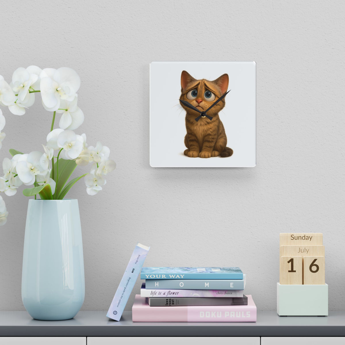 Cute cartoon kitten acrylic wall clock featuring a sad kitten design, perfect nursery cat decor by Printify.
