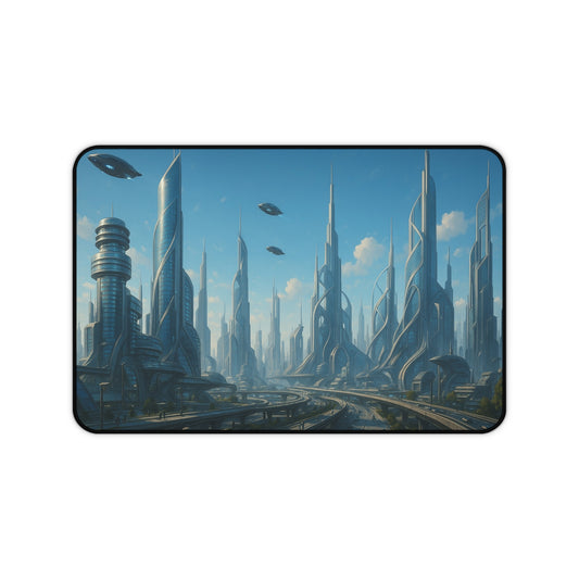 Futuristic cityscape desk mat featuring a sci-fi skyline design, ideal for mousepads and desk accessories.
