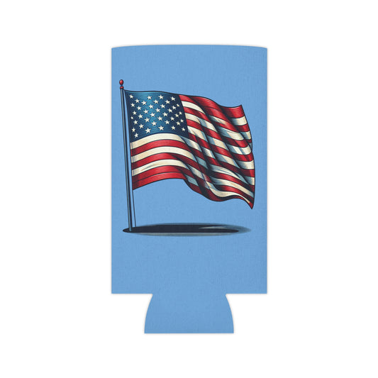 American flag can cooler, patriotic beverage koozie by Printify, designed to keep drinks cold for 4th of July and Memorial Day celebrations.
