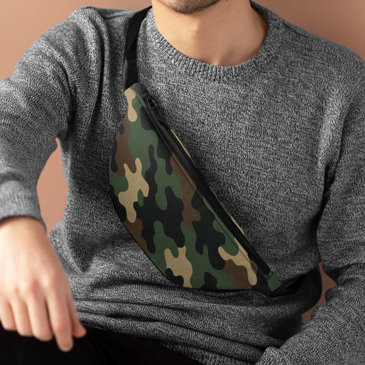 Woodland camouflage fanny pack by Printify, casual waist bag with adjustable strap and multiple compartments for outdoor use.