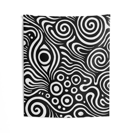 Abstract black and white swirl tapestry featuring psychedelic geometric patterns, ideal for wall decor and artistic interior design.